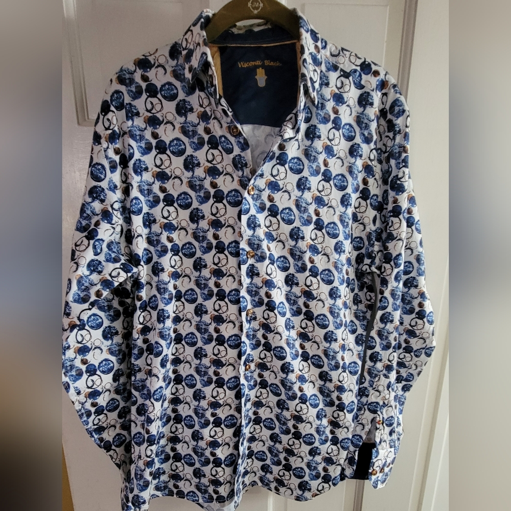 Visconti Black Men's Blue and White Casual Button Down Shirt